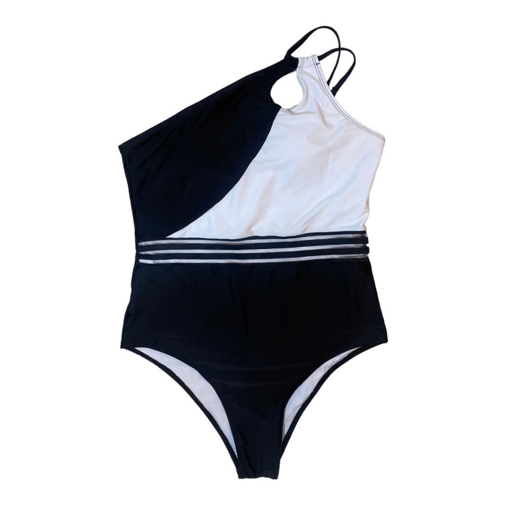 SHEIN Black and White One Shoulder Mesh Panel One Piece Swimsuit